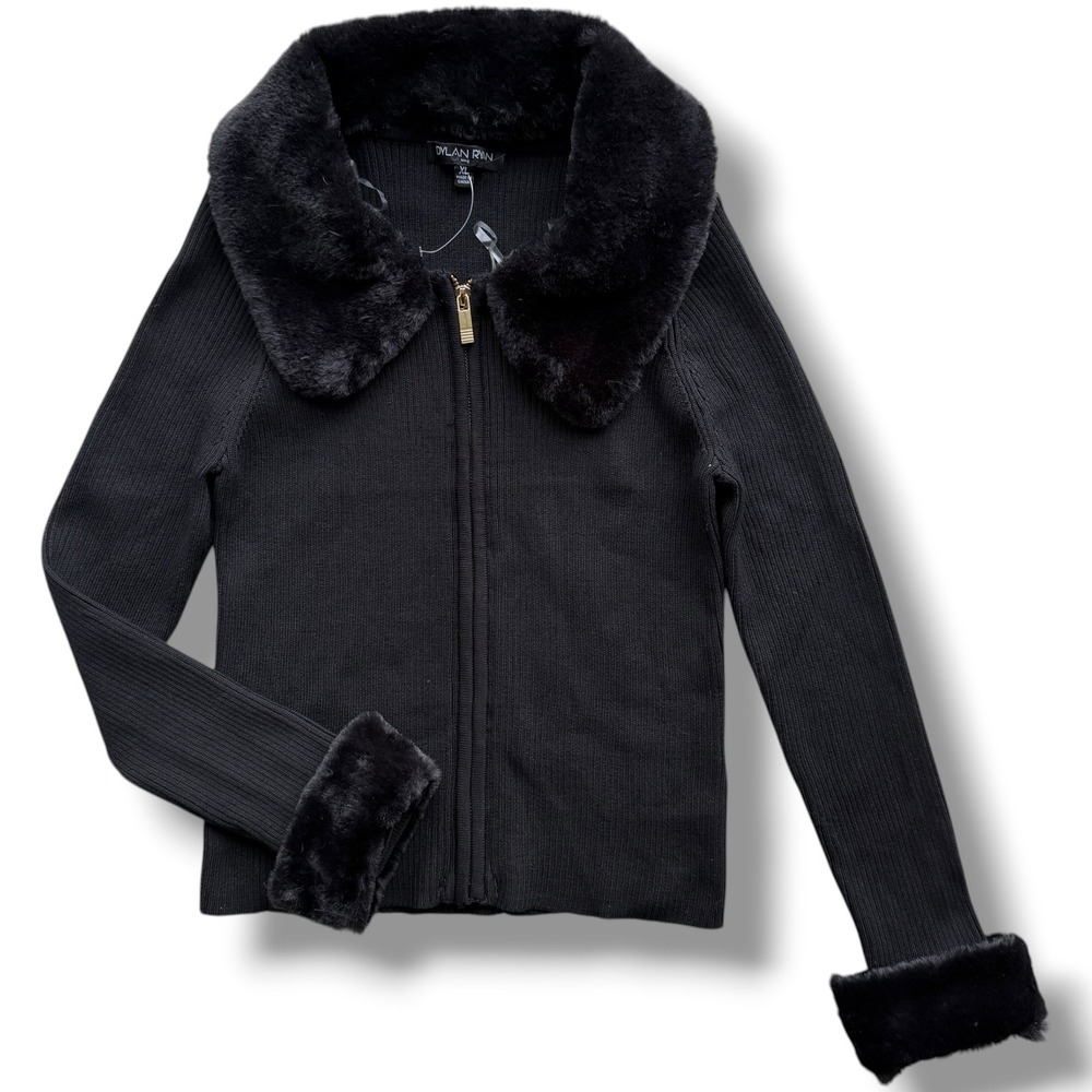Dylan Ryan NYC XL Black Ribbed Removable Faux Fur Collar, Cuffs Zip Cardigan Y2K